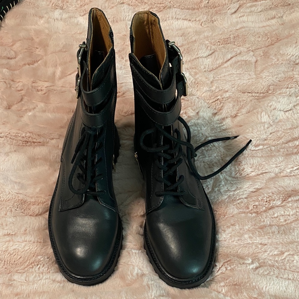ANTONIO MELANI Black Lace-Up Buckle Combat Boots
